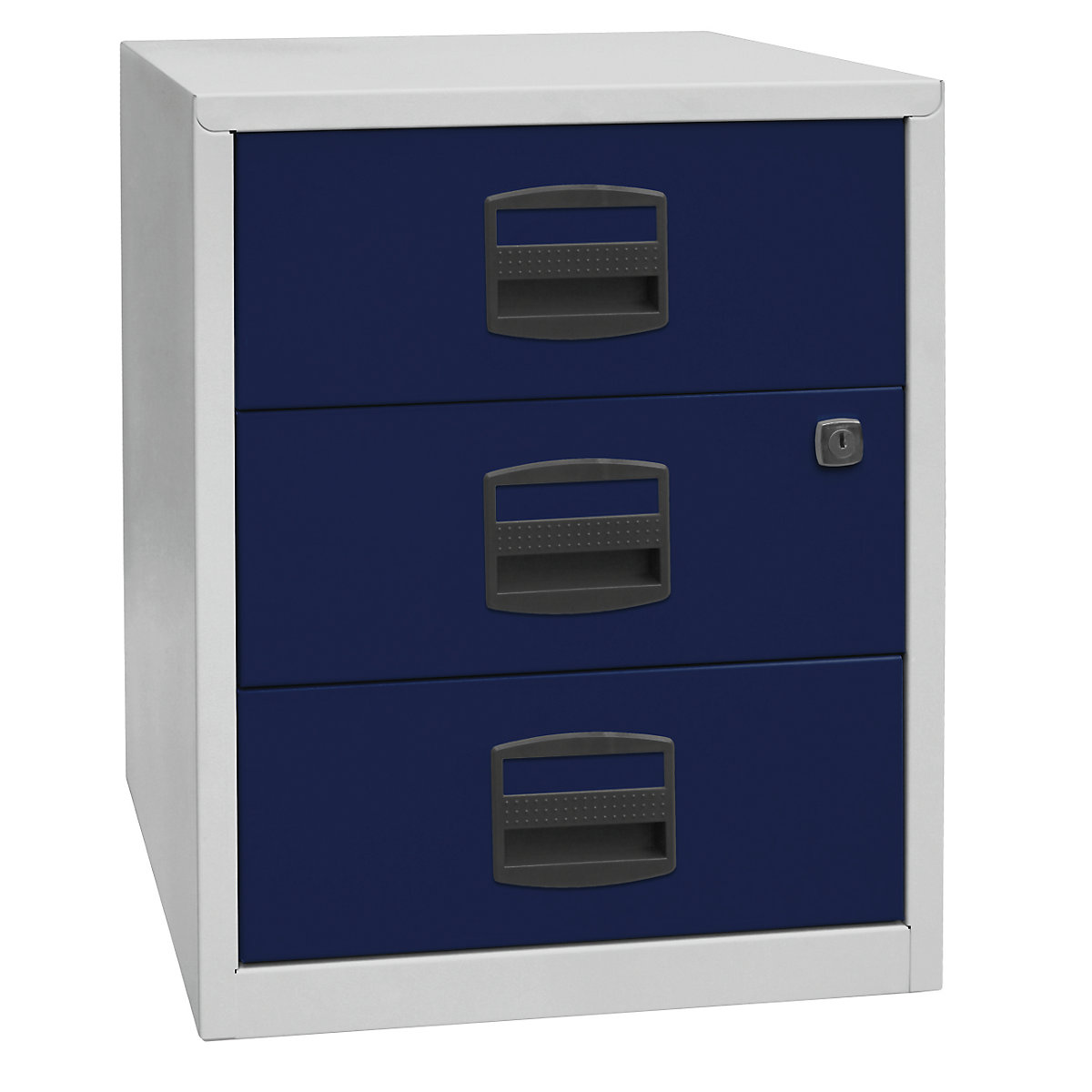 Caisson mobile hauteur bureau PFA – BISLEY, 3 tiroirs universels, gris clair / bleu oxford-6