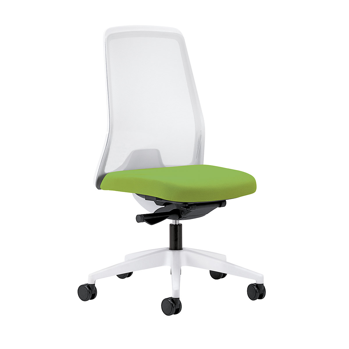 Siège de bureau pivotant EVERY à dossier résille blanc – interstuhl, piétement blanc, avec roulettes dures, vert jaune, profondeur assise 430 mm-3