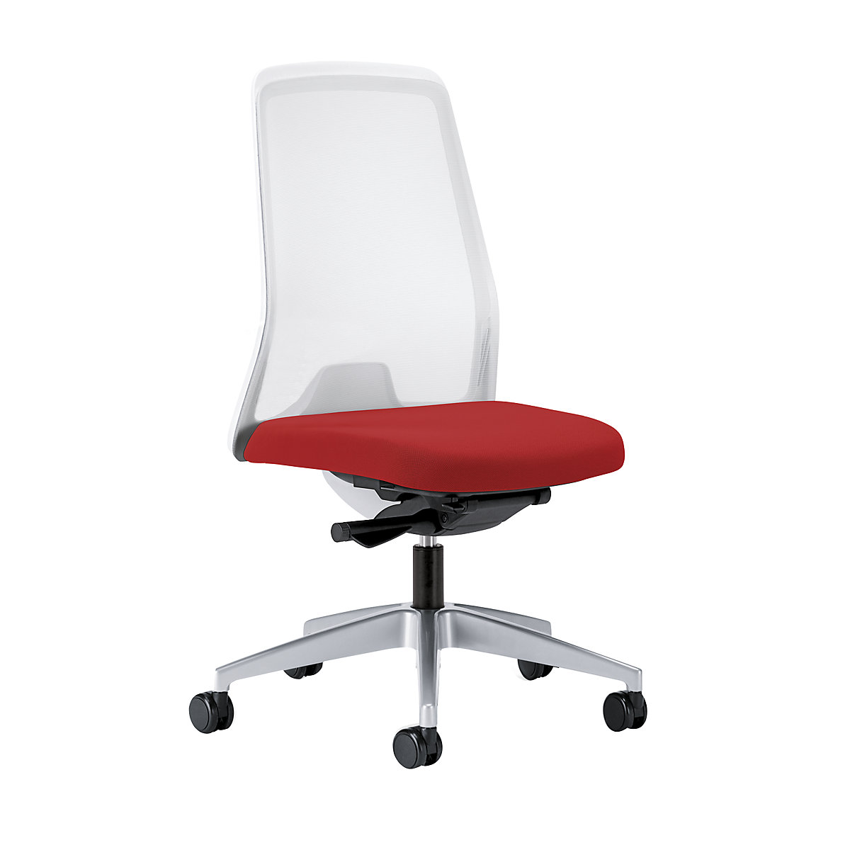 Siège de bureau pivotant EVERY à dossier résille blanc – interstuhl, piétement argent brillant, avec roulettes molles, rouge feu, profondeur assise 430 mm-3