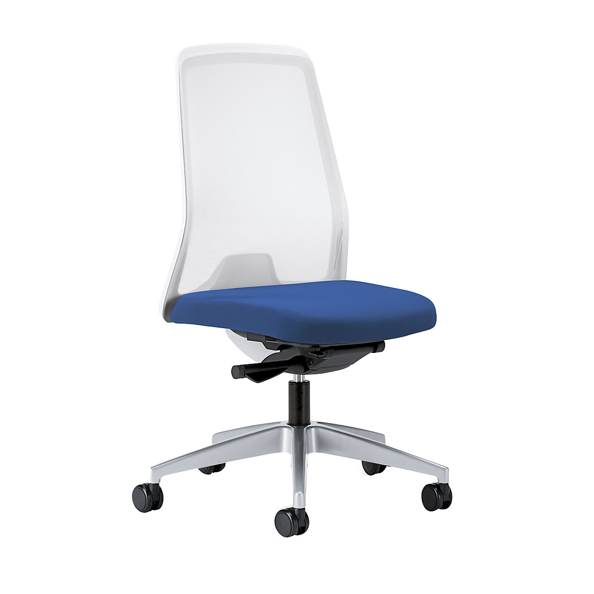 Siège de bureau pivotant EVERY à dossier résille blanc – interstuhl, piétement argent brillant, avec roulettes molles, bleu gentiane, profondeur assise 430 mm-2