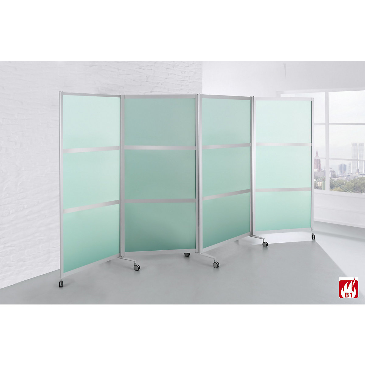 Cloison mobile pliante, difficilement inflammable, cadre en aluminium avec vitre en verre sécurit, h x l x p 1900 x 3700 x 450 mm, satiné-4