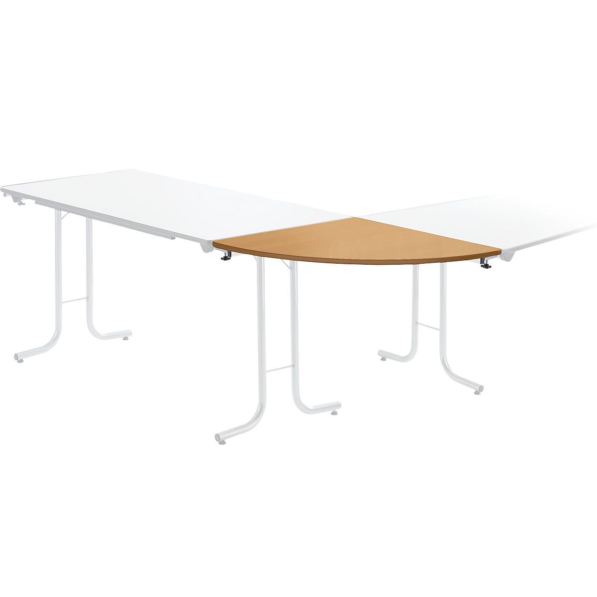Retour pour table pliante, plateau en forme de quart de cercle, 700 x 700 mm, piétement coloris aluminium, plateau façon hêtre-5