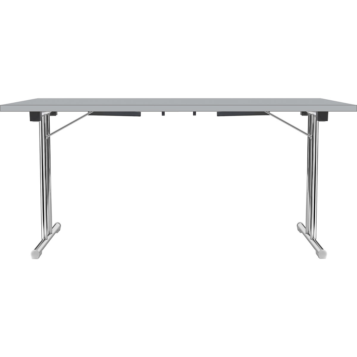 Table pliante à piétement en double T, piétement en tube d'acier rond chromé, gris clair/gris clair, l x p 1400 x 700 mm-4