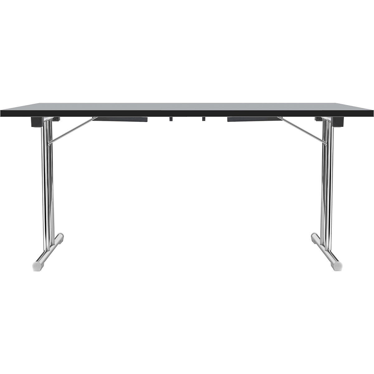 Table pliante à piétement en double T, piétement en tube d'acier rond chromé, gris clair/noir, l x p 1400 x 700 mm-14