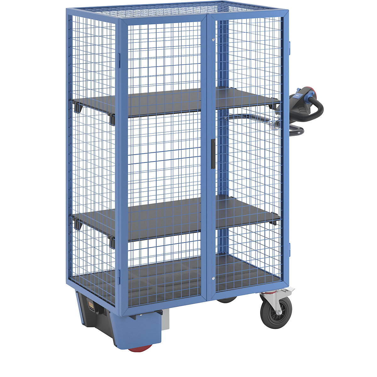 Carrello a ripiani con azionamento elettrico – eurokraft pro, lungh. x largh. x alt. 1470 x 740 x 1800 mm, blu chiaro, ante a doppio battente, 2 ripiani-1