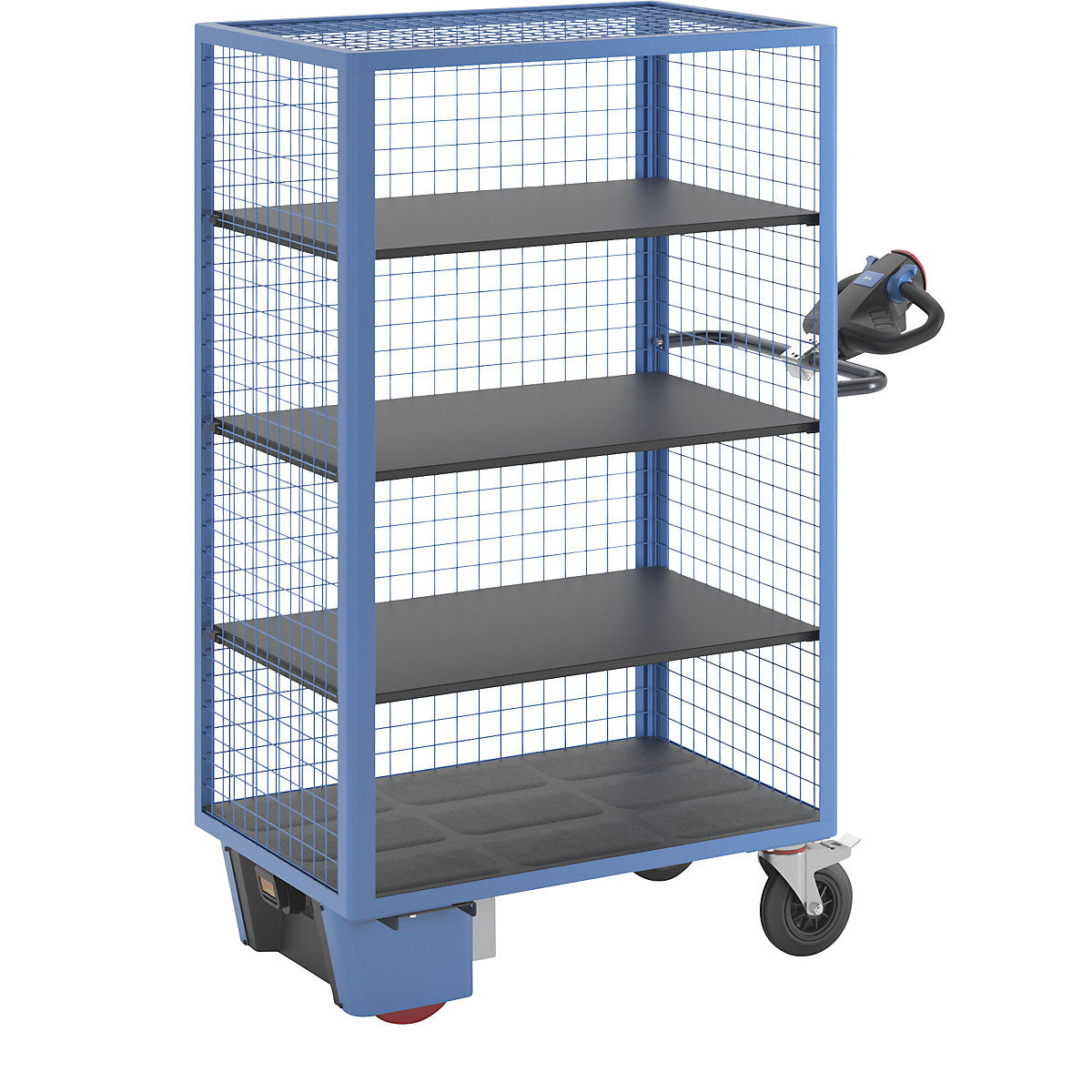 Chariot à tablettes à entraînement électrique – eurokraft pro, un grand côté ouvert, 3 tablettes, bleu clair-1