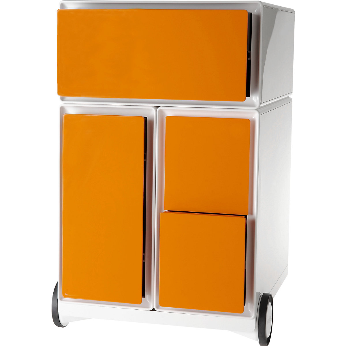 Paperflow – Buck rodante easyBox®, 1 cajón, 1 cajón para archivadores colgantes, 2 cajones para CD, blanco / naranja