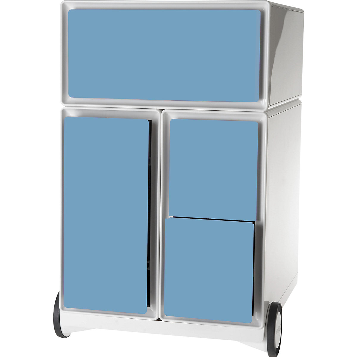 Paperflow – Buck rodante easyBox®, 1 cajón, 1 cajón para archivadores colgantes, 2 cajones para CD, blanco / azul