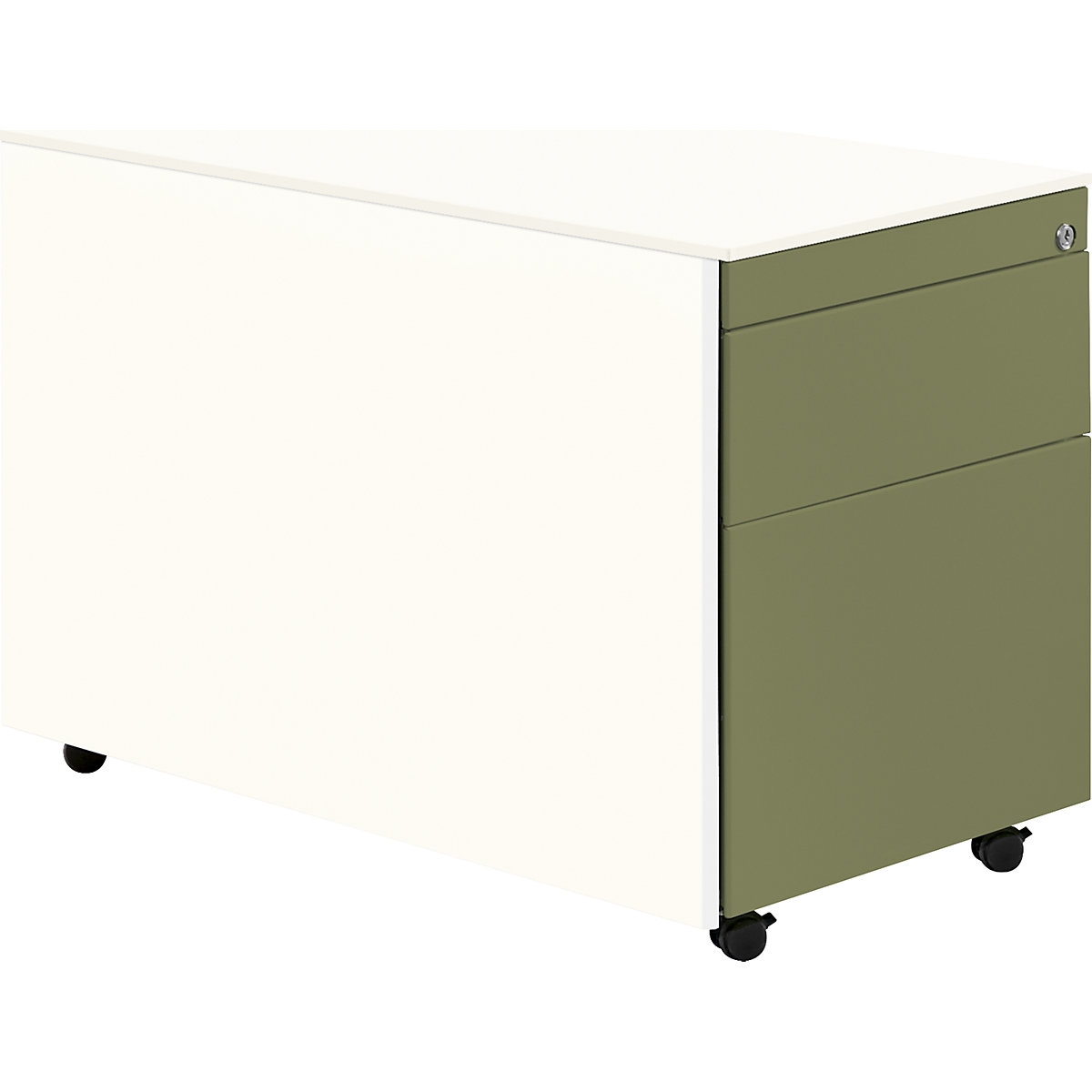 Buck rodante – mauser, H x P 570 x 800 mm, 1 cajón para material, 1 archivador colgante, blanco puro / verde caña / blanco puro-2