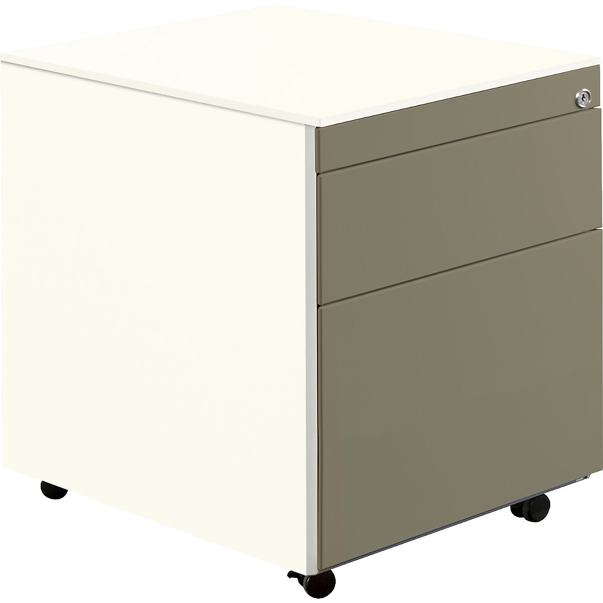 Buck rodante – mauser, H x P 570 x 600 mm, 1 cajón para material, 1 archivador colgante, blanco puro / gris beige / blanco puro-3