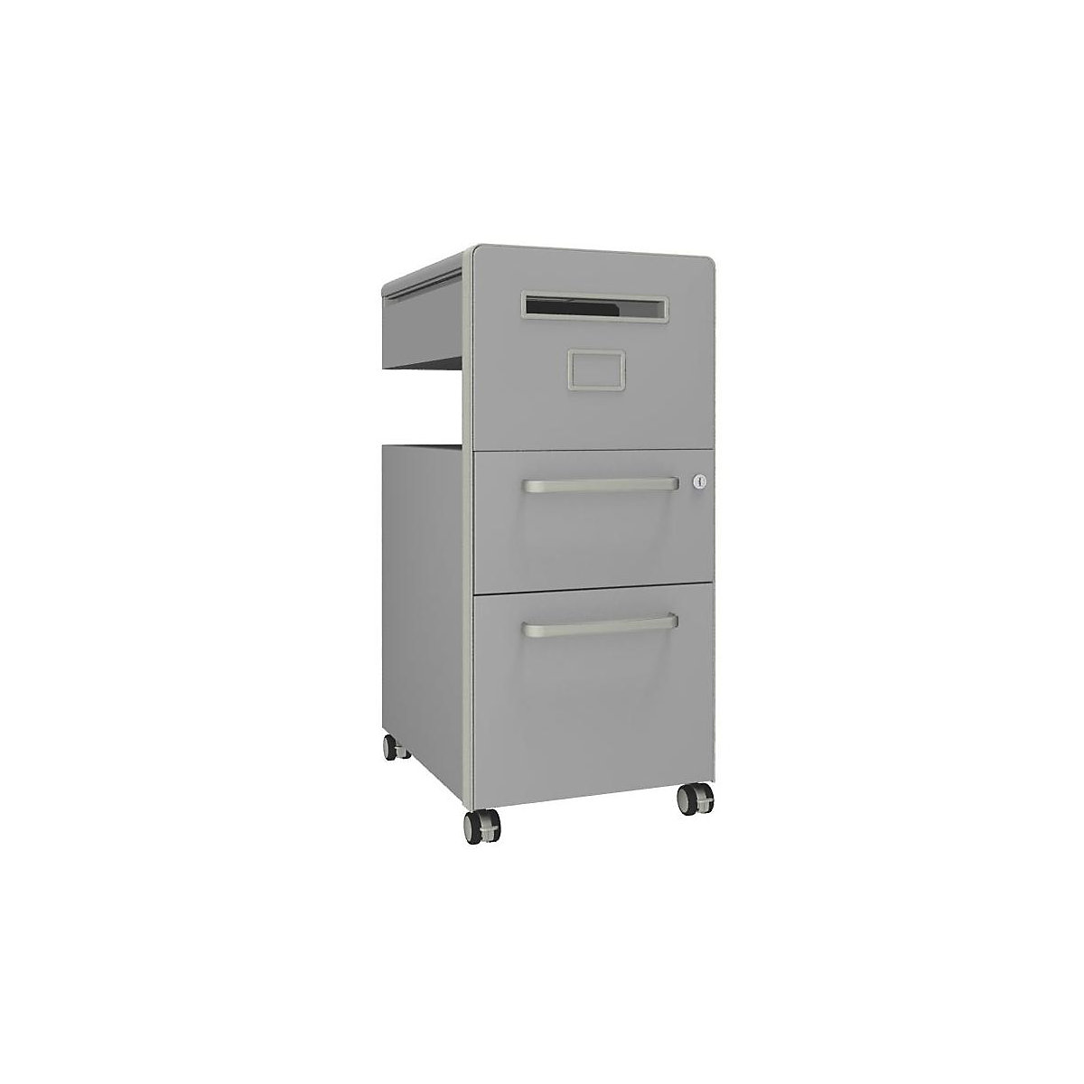 Mueble auxiliar Bite™, con 1 panel rotulable, apertura a la derecha – BISLEY, con 1 cajón universal y 1 cajón para archivadores colgantes, gris luminoso-32