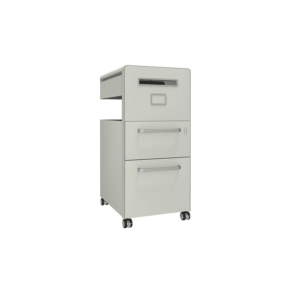 Mueble auxiliar Bite™, con 1 panel rotulable, apertura a la derecha – BISLEY, con 1 cajón universal y 1 cajón para archivadores colgantes, blanco puro-9