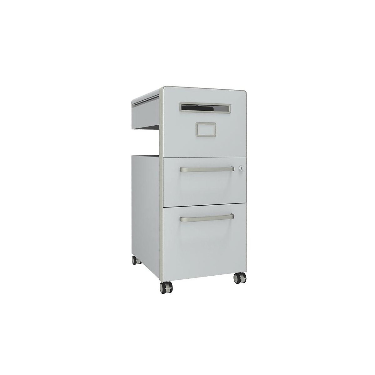 Mueble auxiliar Bite™, con 1 panel rotulable, apertura a la derecha – BISLEY, con 1 cajón universal y 1 cajón para archivadores colgantes, blanco tráfico-10