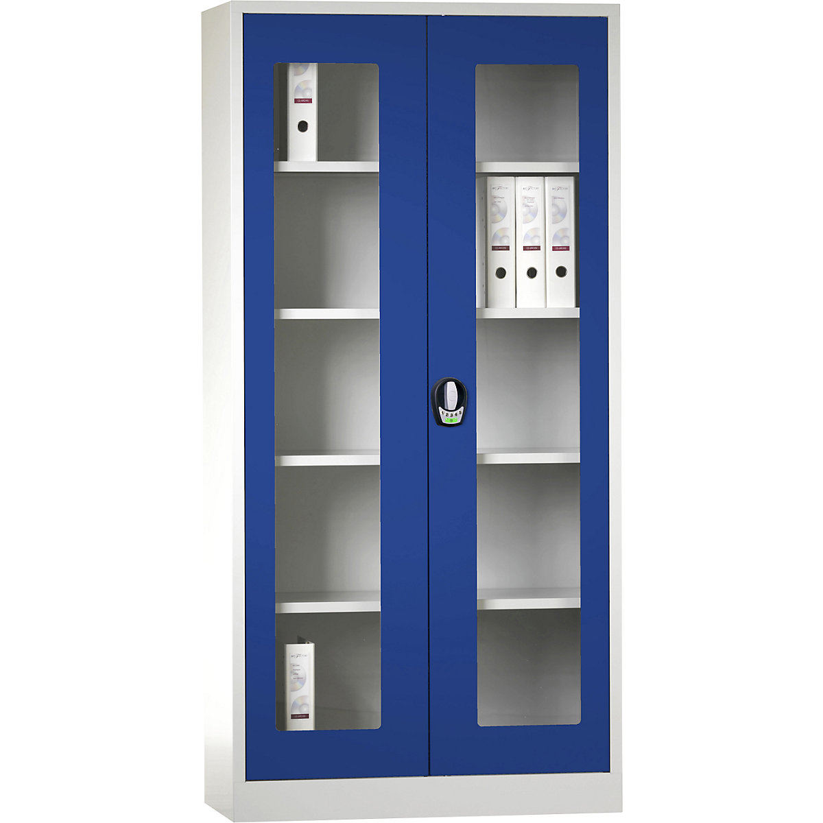 Wolf – Armario de puertas batientes con cerradura electrónica, con puertas con ventanilla, gris luminoso / azul genciana