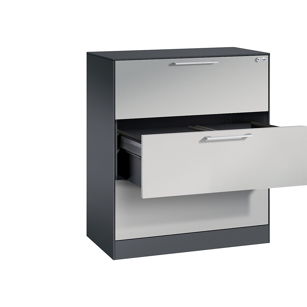 Armario para archivadores colgantes ASISTO – C+P, anchura 800 mm, con 3 cajones, gris negruzco / aluminio blanco-7