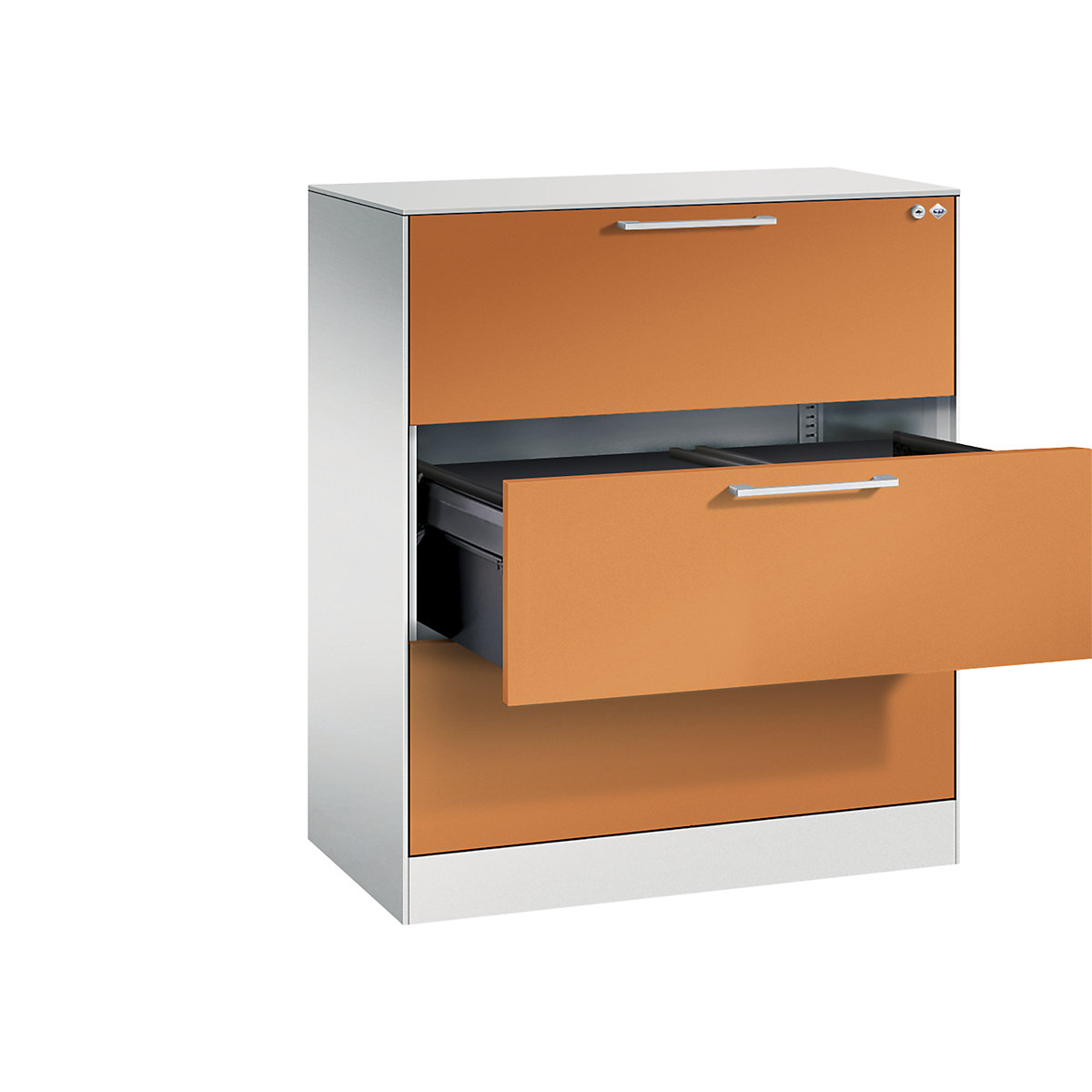 Armario para archivadores colgantes ASISTO – C+P, anchura 800 mm, con 3 cajones, gris luminoso / amarillo naranja-13