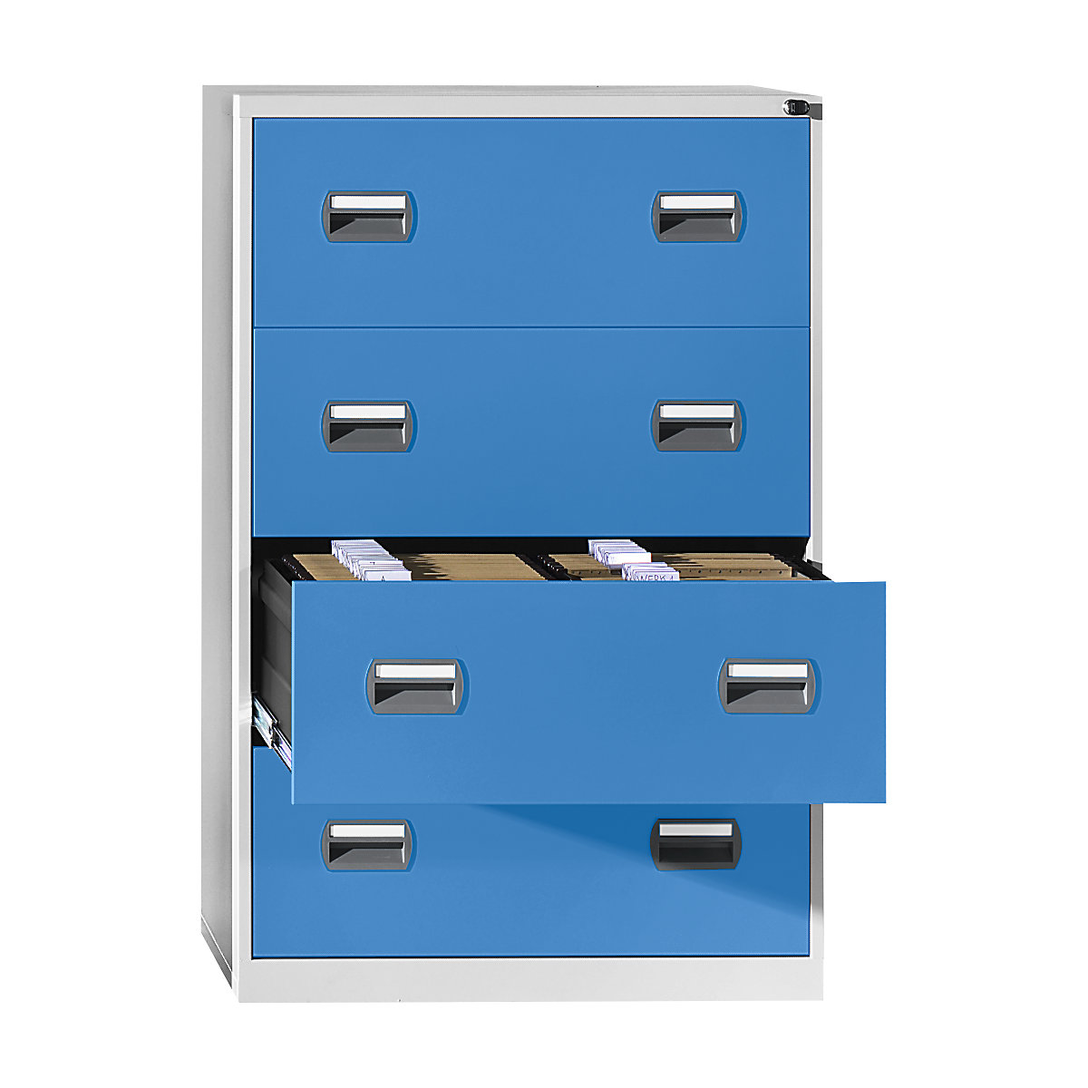 Armario para archivadores colgantes – eurokraft basic, de 2 vías, 4 cajones, gris luminoso / azul luminoso-5