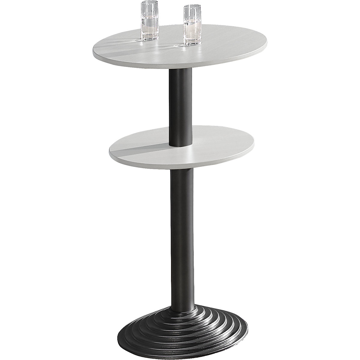 Mesa de bar con pata de hierro fundido, 2 tableros, distancia 30 cm, gris luminoso, columna negra-3