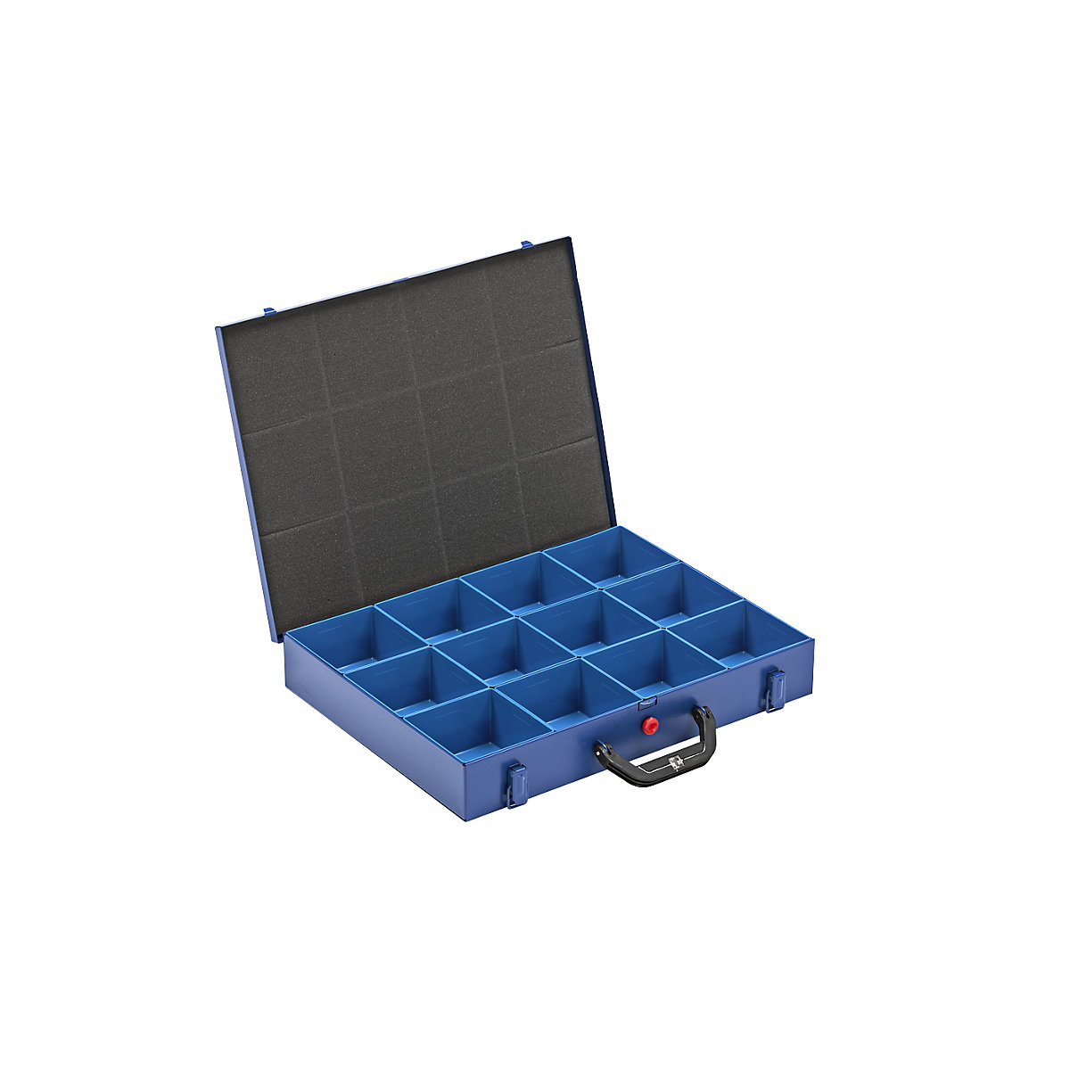 Valiză cu cutii cu inserție pentru piese de mici dimensiuni, lăț. x ad. 440 x 370 mm, cu 12 cutii cu inserție, înălțime 63 mm