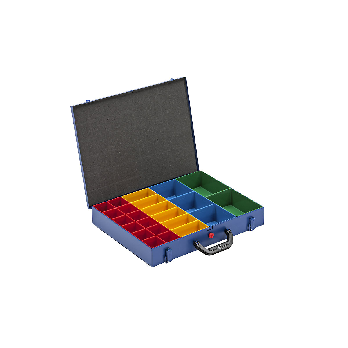 Valiză cu cutii cu inserție pentru piese de mici dimensiuni, lăț. x ad. 440 x 370 mm, cu 23 cutii cu inserție, înălțime 45 mm