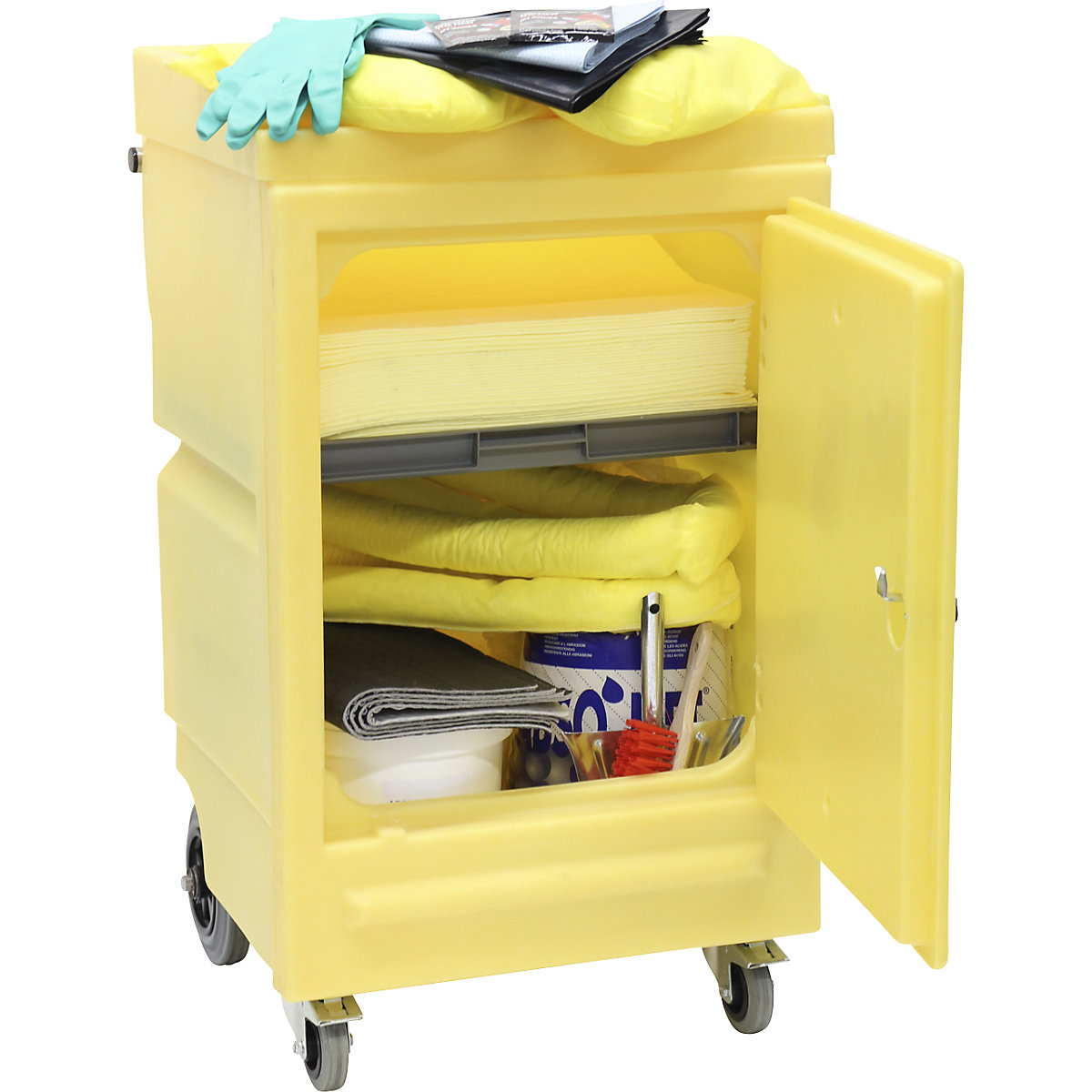 Wózek z zestawem do usuwania wycieków, włókniny, granulaty, wersja do chemikaliów, włókniny żółty-10