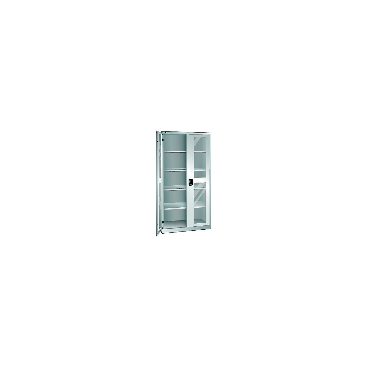Skriňa s krídlovými dverami – LISTA, dvere s priehľadným okienkom, v x š 1950 x 1000 mm, hĺbka 400 mm, svetlošedá RAL 7035