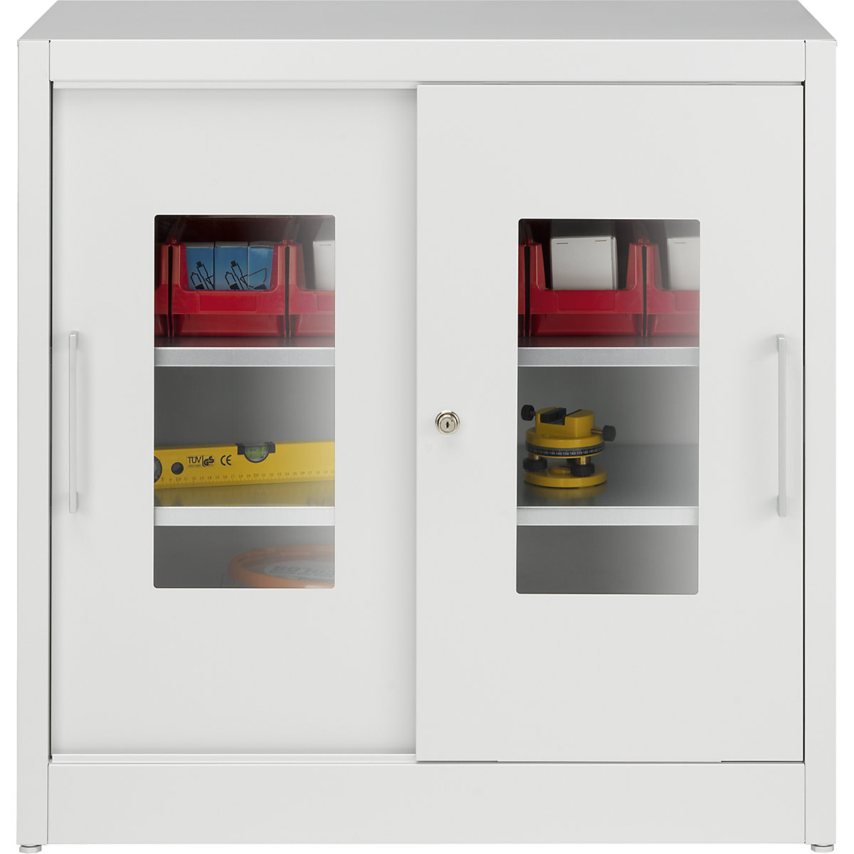 Skriňa s posuvnými dverami s priehľadným okienkom – mauser, s 2 policami, š x h 1000 x 1000 mm, hĺbka 600 mm, farba dverí svetlošedá