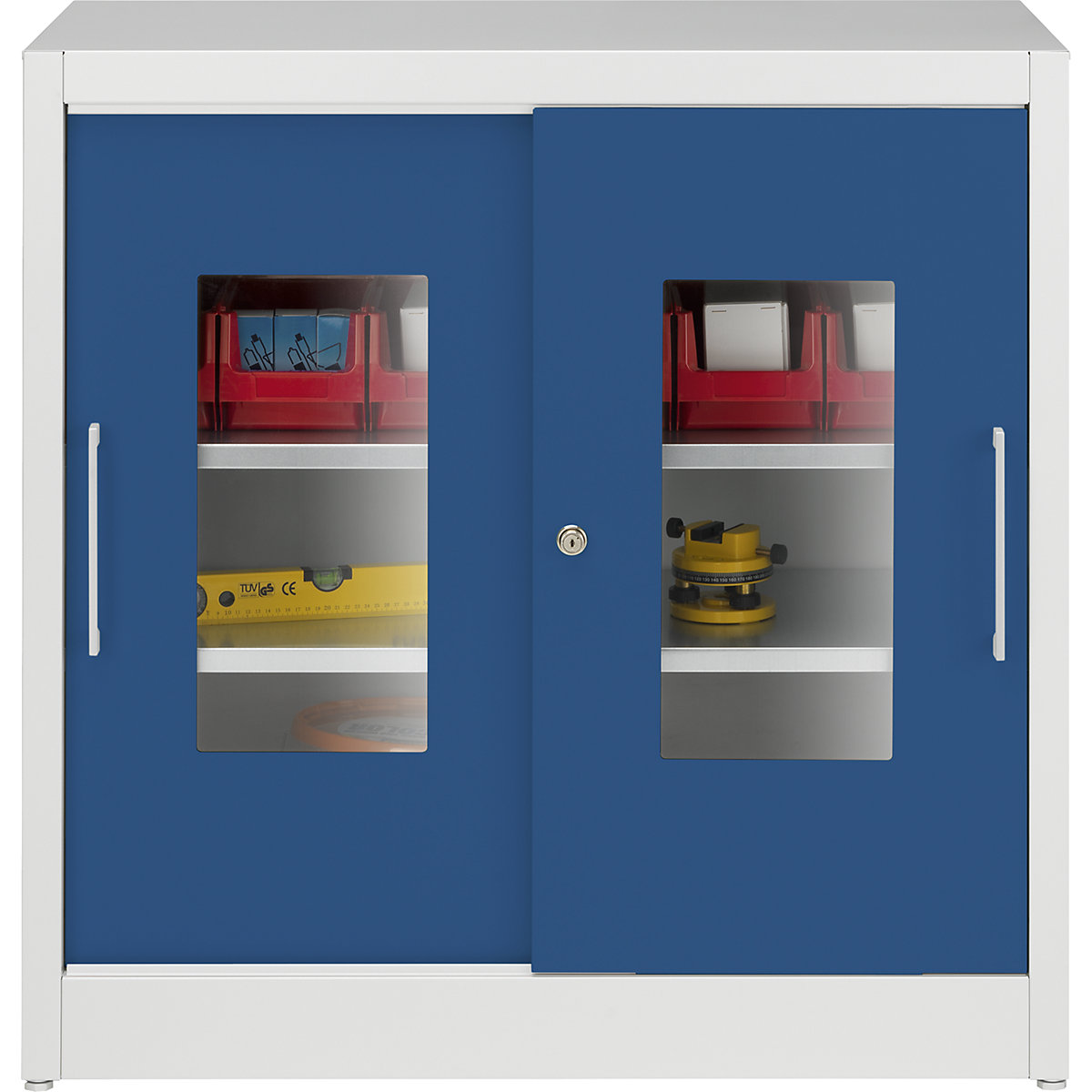 Skriňa s posuvnými dverami s priehľadným okienkom – mauser, s 2 policami, š x h 1000 x 1000 mm, hĺbka 600 mm, farba dverí enciánová modrá