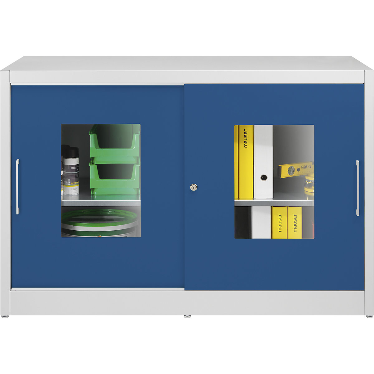 Skriňa s posuvnými dverami s priehľadným okienkom – mauser, s 2 x 2 policami, v x š 1000 x 1500 mm, hĺbka 600 mm, farba dverí enciánová modrá