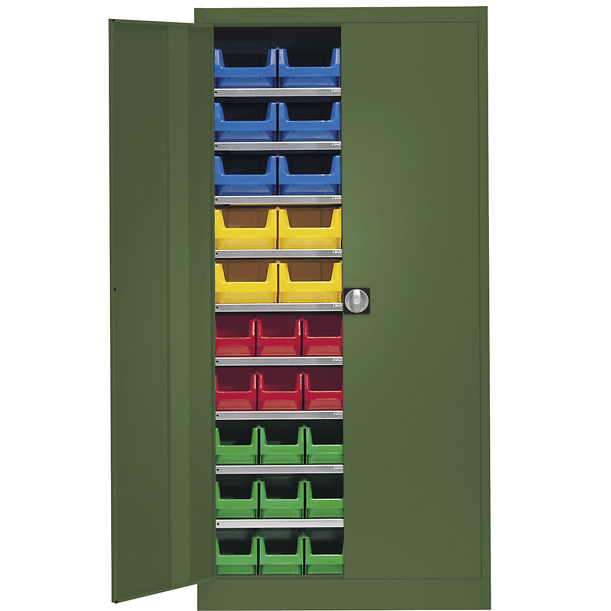 Skladová skriňa, jednofarebná – mauser, s 50 prepravkami s viditeľným obsahom, 9 políc, zelené, od 3 ks-3
