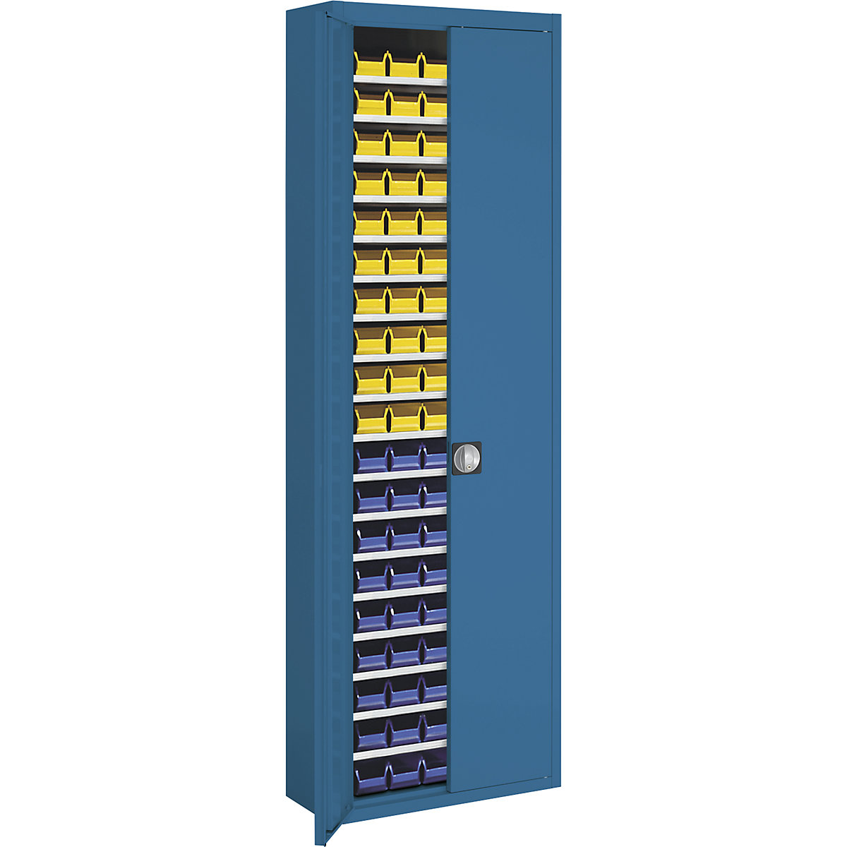 Skladová skriňa s prepravkami s viditeľným obsahom – mauser, v x š x h 2150 x 680 x 280 mm, dvojfarebná, korpus šedý, dvere modré, 114 prepraviek-12