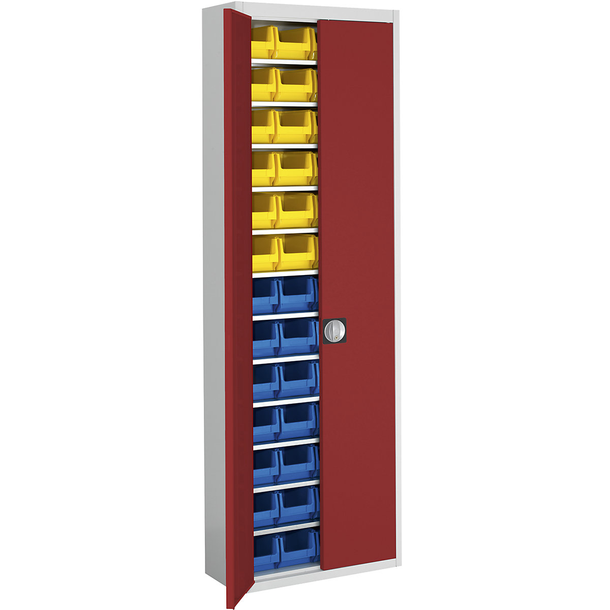 Skladová skriňa s prepravkami s viditeľným obsahom – mauser, v x š x h 2150 x 680 x 280 mm, dvojfarebná, korpus šedý, dvere červené, 52 prepraviek-8
