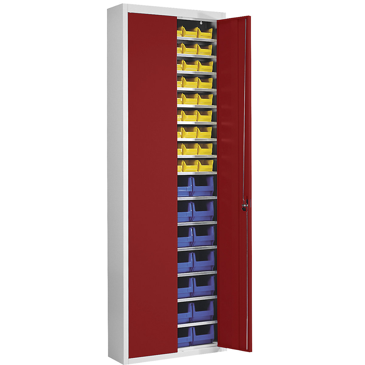 Skladová skriňa s prepravkami s viditeľným obsahom – mauser, v x š x h 2150 x 680 x 280 mm, dvojfarebná, korpus šedý, dvere červené, 82 prepraviek-7