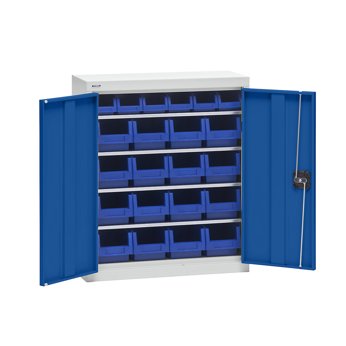 Skriňa na materiál so skladovacími prepravkami – eurokraft pro, výška 780 mm, 4 políc, svetlošedá / enciánová modrá-4