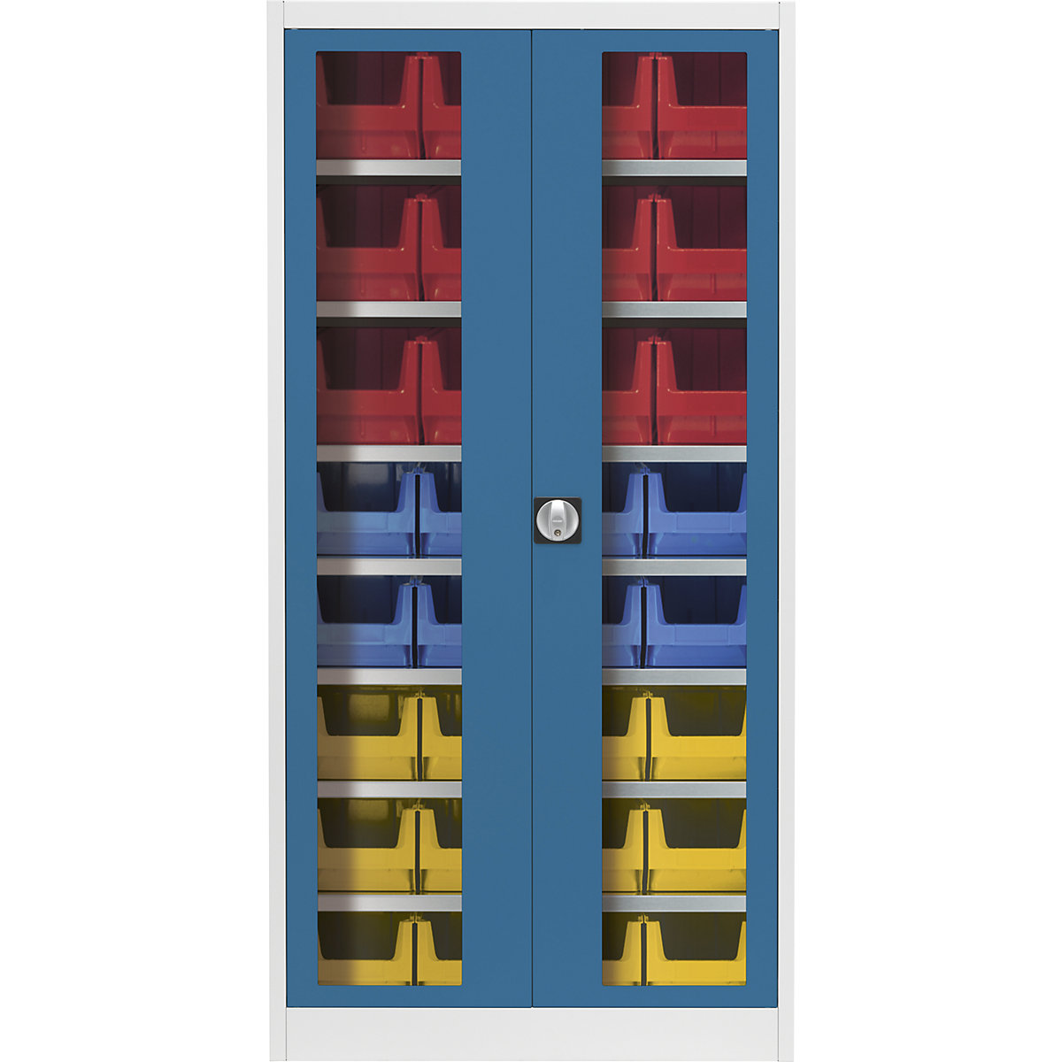 Skriňa s krídlovými dverami s priehľadným okienkom – mauser, s 32 prepravkami s viditeľným obsahom, svetlošedá / brilantná modrá-6