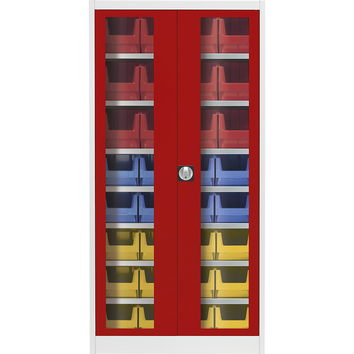 Skriňa s krídlovými dverami s priehľadným okienkom – mauser, s 32 prepravkami s viditeľným obsahom, svetlošedá / ohnivo červená-5