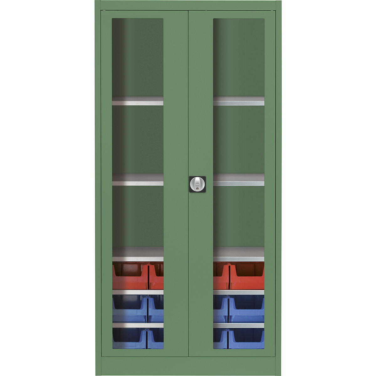 Skriňa s krídlovými dverami s priehľadným okienkom – mauser, s 12 prepravkami s viditeľným obsahom, rezedová zelená-7