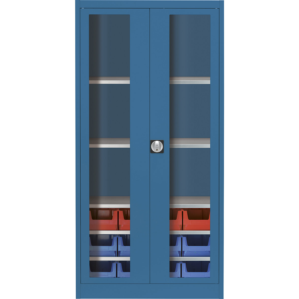 Skriňa s krídlovými dverami s priehľadným okienkom – mauser, s 12 prepravkami s viditeľným obsahom, brilantná modrá-5
