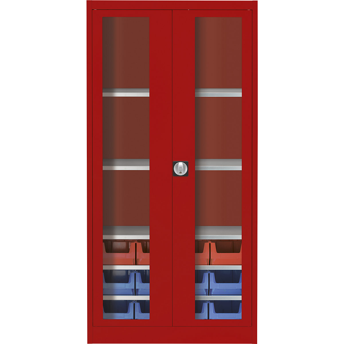 Skriňa s krídlovými dverami s priehľadným okienkom – mauser, s 12 prepravkami s viditeľným obsahom, ohnivo červená-4