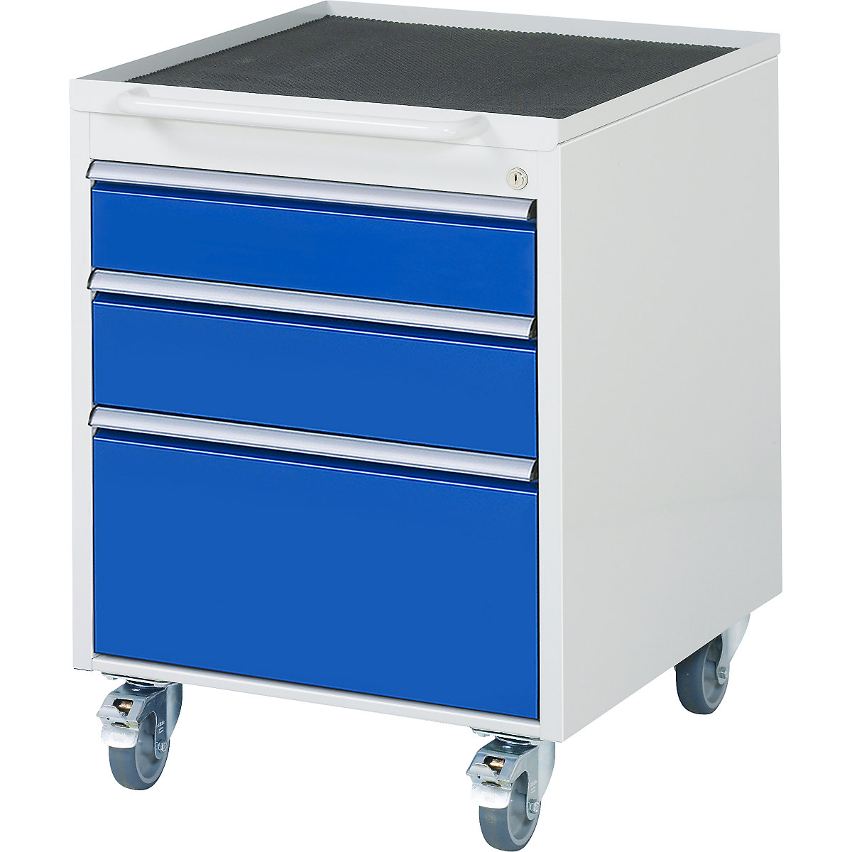 Pojazdný kontajner – RAU, v x š x h 765 x 580 x 650 mm, 3 zásuvky, svetlošedá / enciánová modrá-4