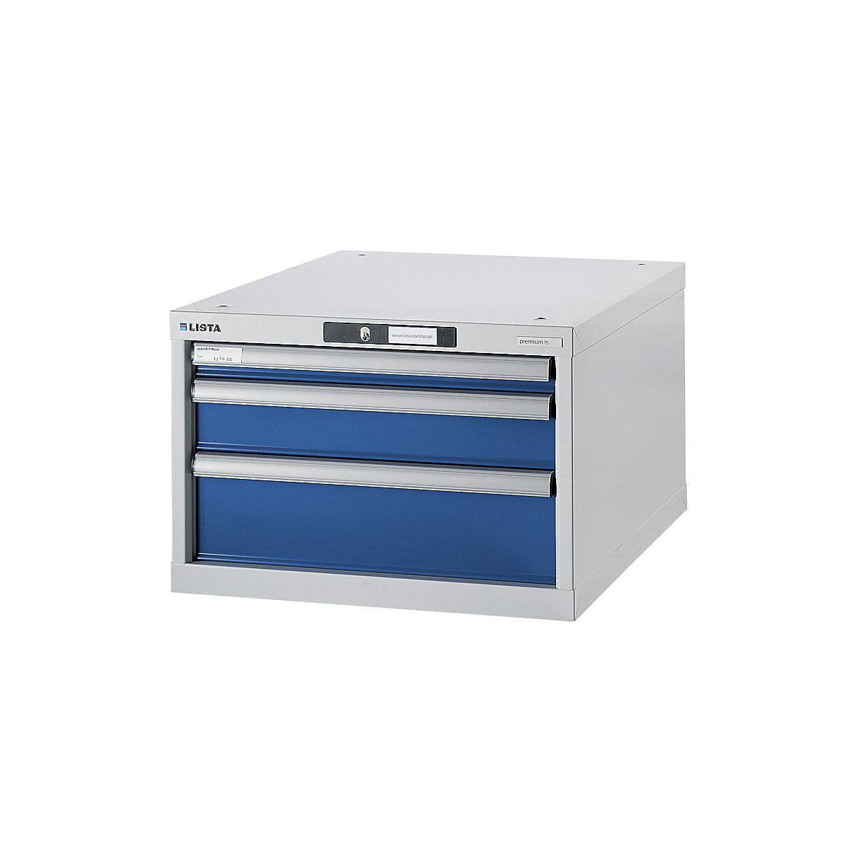 Stavebnicový systém pracovného stola, podstavcová skriňa – LISTA, výška 383 mm, 3 zásuvky, enciánová modrá-6