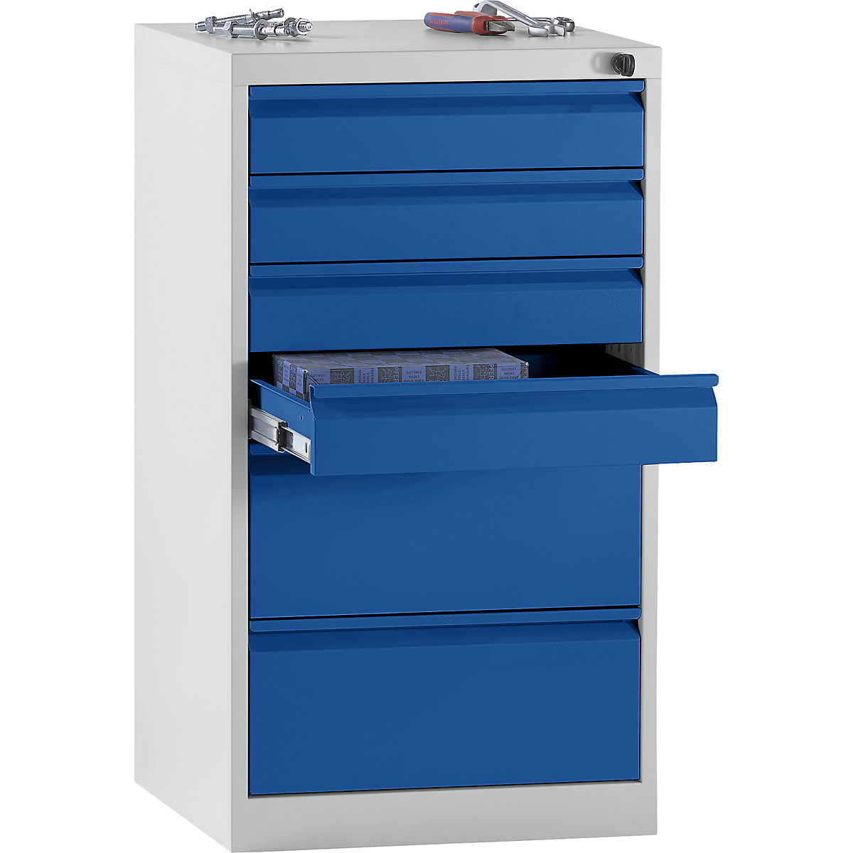 Zásuvková skriňa, oceľ – eurokraft basic, v x š x h 900 x 500 x 500 mm, 6 zásuviek, farba zásuvky enciánová modrá-9
