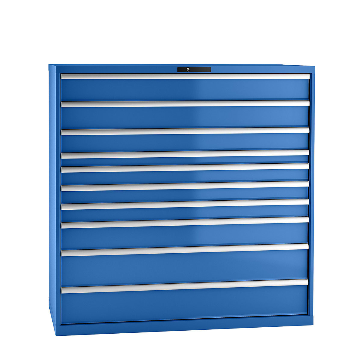 Zásuvková skriňa, oceľový plech – LISTA, v x š 1450 x 1431 mm, 10 zásuviek, nosnosť 200 kg, enciánová modrá-7