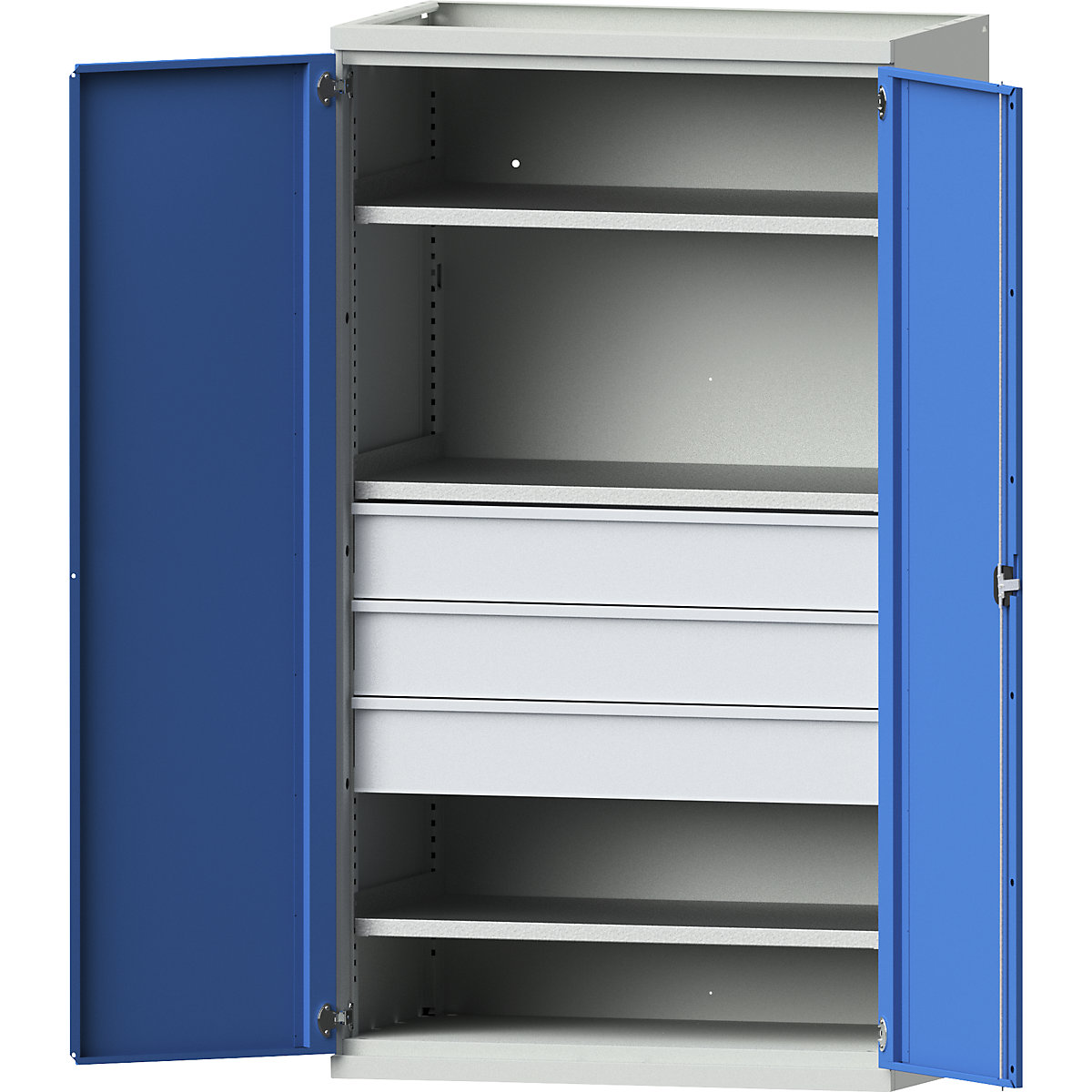 Ocelová skříň pro velká zatížení – eurokraft pro, 3 police, 3 zásuvky o výšce 180 mm, světle šedá / světle modrá-3