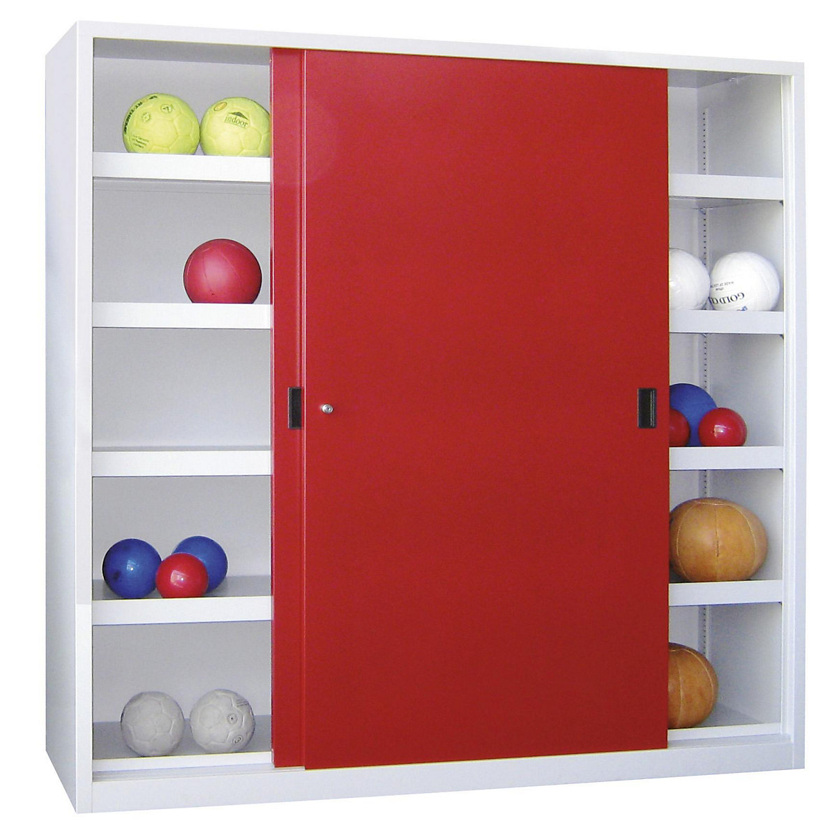 Skříň na míče s posuvnými dveřmi, výška 1950 mm – Pavoy, s dveřmi z plného plechu, šířka 2000 mm, šedá / červená-10