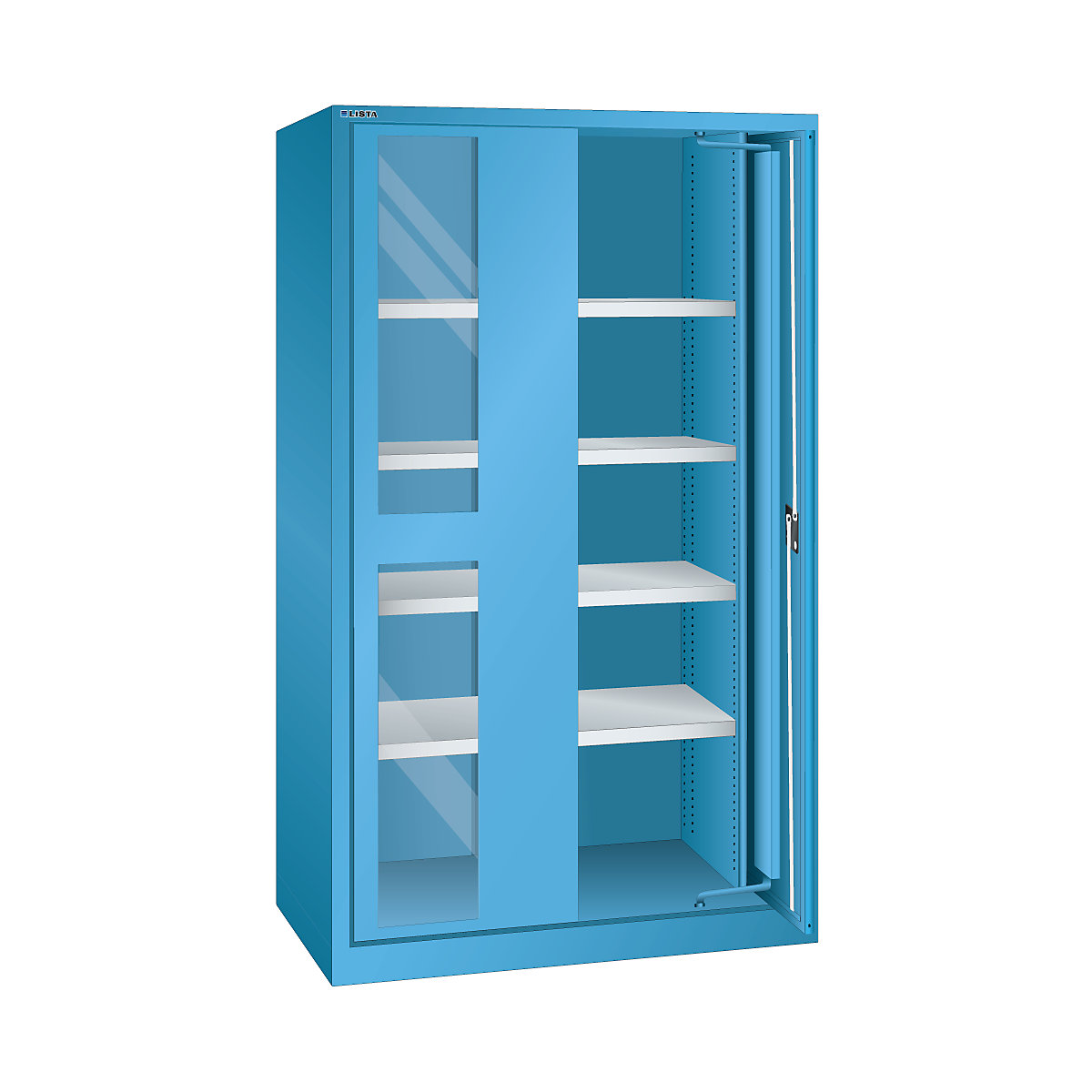 Skříň pro velká zatížení s výkyvnými dveřmi – LISTA, 4 police, s prosklenými dveřmi, světlá modrá-8