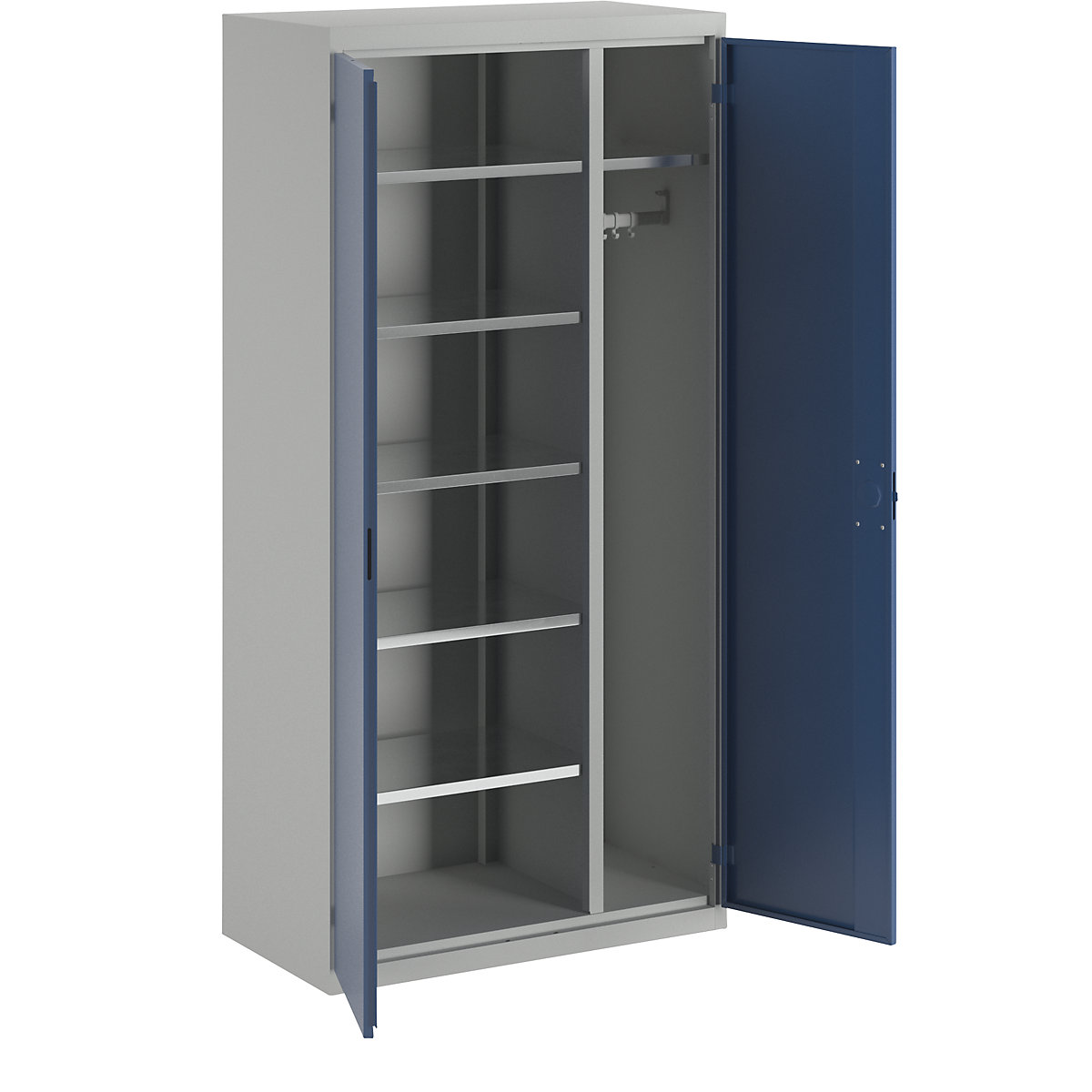 Skříň s otočnými dveřmi – eurokraft pro, 6 polic, 1 tyč na oděvy, hloubka 500 mm, světle šedá / hořcově modrá-8