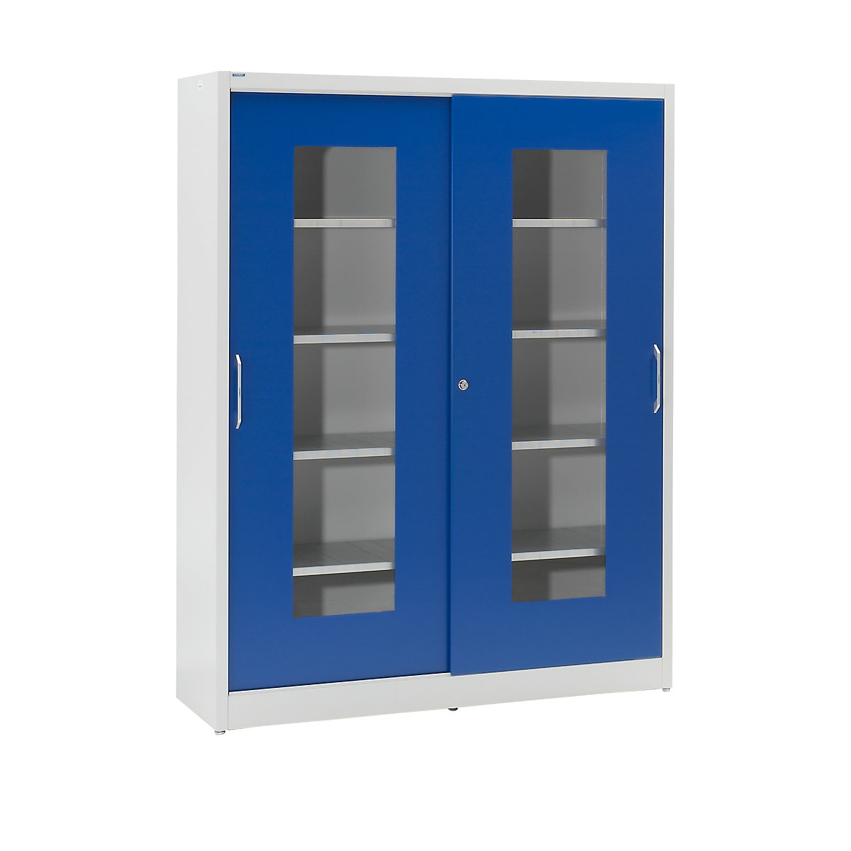 Skříň s posuvnými dveřmi s okénkem – mauser, s 2 x 4 policemi, v x š 1950 x 1500 mm, hloubka 600 mm, barva dveří hořcově modrá-9