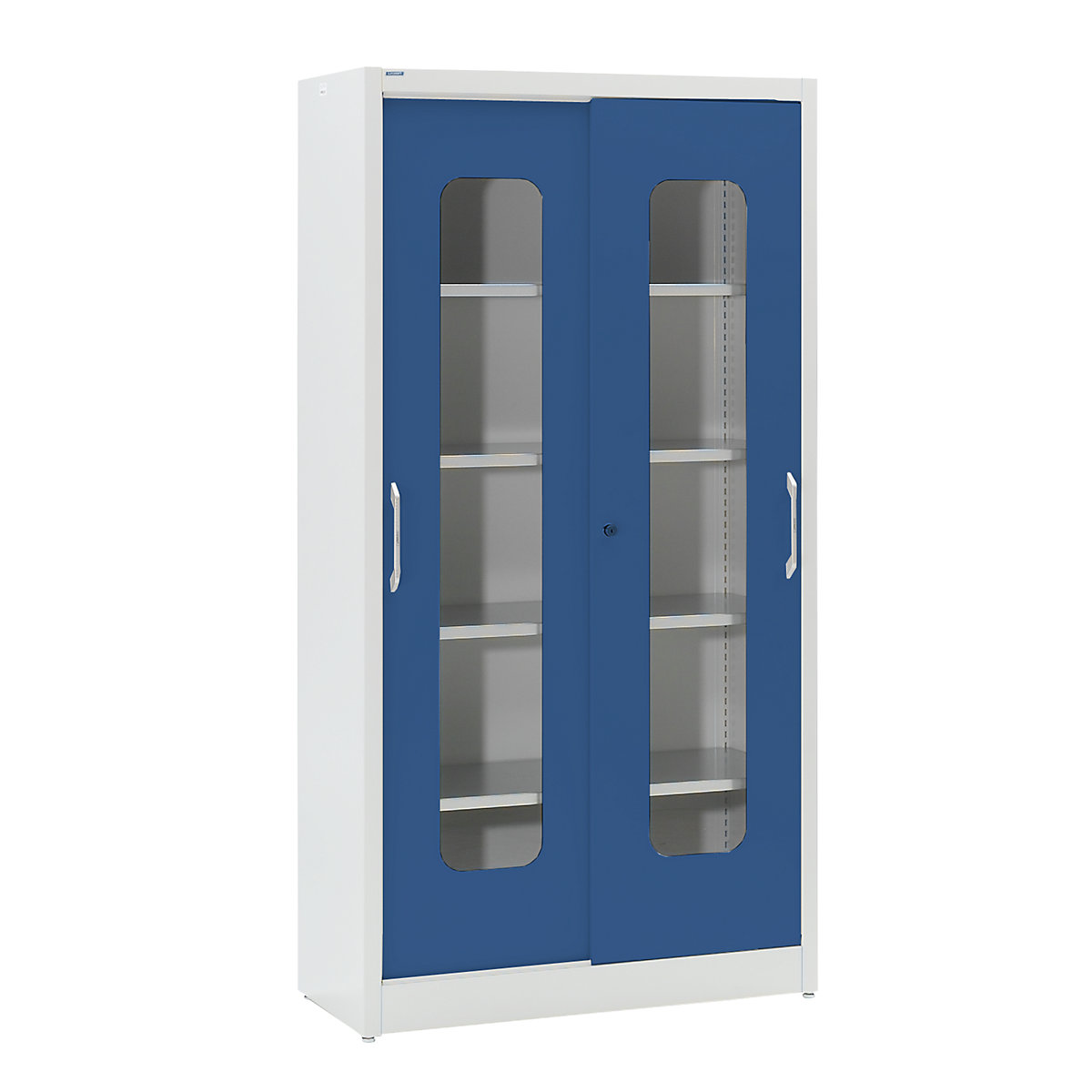 Skříň s posuvnými dveřmi s okénkem – mauser, se 4 policemi, v x š 1950 x 1000 mm, hloubka 500 mm, barva dveří hořcově modrá-10