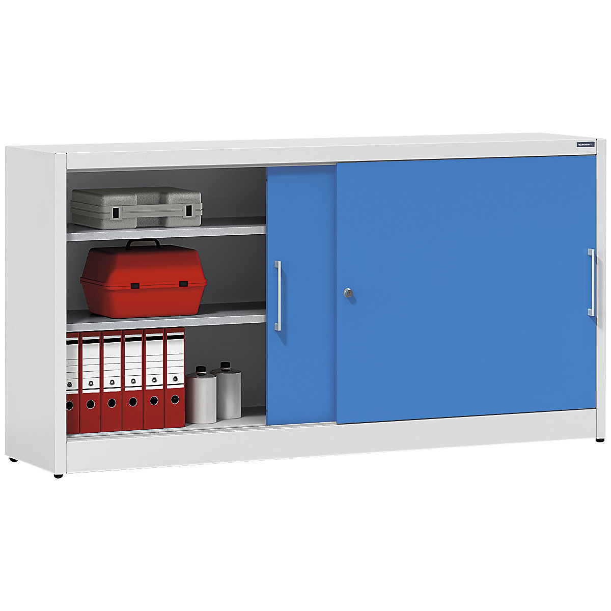 Skříň s posuvnými dveřmi, výška 1000 mm – eurokraft pro, se střední dělicí stěnou a 2 x 2 policemi, šířka 2000 mm, hloubka 420 mm, barva dveří světle modrá RAL 5012-3